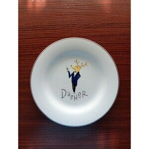 Pottery Barn DASHER Reindeer Salad Dessert Plate 8” Christmas Silver Rimmed EUC